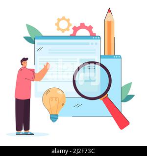 Creator publishing new digital content. Man holding web page, adding information on website flat vector illustration. Digital content, management conc Stock Vector