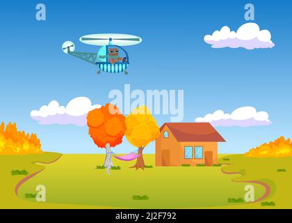 Cute cartoon cat flying helicopter over autumn landscape. Animal in scarf on helicopter, village in autumn, house, yellow and orange trees with hammoc Stock Vector