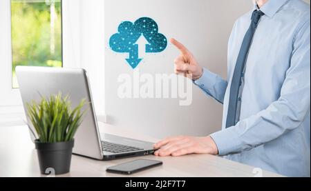 Man hold Cloud icon technology. Polygonal wireframe cloud storage sign with two arrows up and down. Cloud computing, big data center, future infrastru Stock Photo