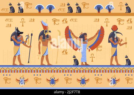 Egyptian deities on ancient bas relief with hieroglyphs. Cartoon vector illustration. Horus, Thoth, Anubis, Maat Gods, scarab, symbols, hieroglyphics. Stock Vector