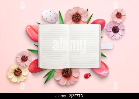 Notebook surrounded by Easter decorations. Blank paper for greeting text. Top view, flat lay Stock Photo