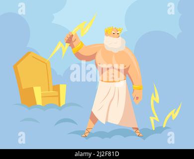 Greek god Zeus throwing lightnings from heaven. Cartoon vector illustration. Major Ancient God of sky, thunder and lightning with golden throne in bac Stock Vector