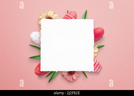 Blank paper surrounded with Easter eggs and decorations for promo greeting text Stock Photo