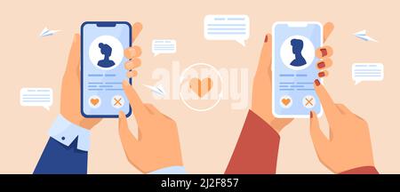 Hands of dating app users holding mobile phones. Single people looking for partners on internet. Flat vector illustration. Perfect match concept for b Stock Vector
