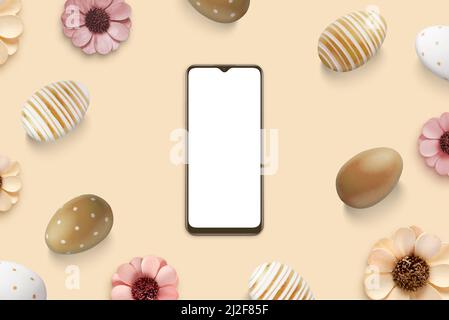 Phone mockup surrounded by Easter eggs and flowers. Top view, flat lay composition. Isolated screen for app design presentation Stock Photo