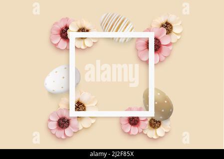 Square frame surrounded by Easter eggs and flower decorations. Copy space for greeting text. Top view, flat lay composition Stock Photo