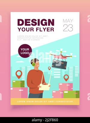 Drone delivery concept. Delivery operator controlling quadcopter with postal or distributing box, sending mobile machine to city address. For shipping Stock Vector