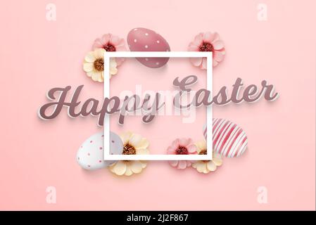 Happy Easter greeting card with 3d text and square frame. Easter eggs and flowers in background Stock Photo