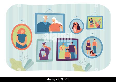 Family photos in frames vector illustration. Pictures of grandparents couple, young parents with kid, children with pet, graduation on wall. For photo Stock Vector