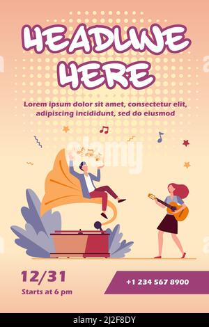 Guy listening to music at retro gramophone. Girl playing guitar and singing flat vector illustration. Entertainment, performing, leisure concept for b Stock Vector