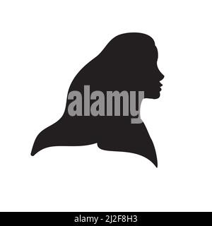 Vector flat black woman face silhouette isolated on white background. Girl bust with long hair Stock Vector
