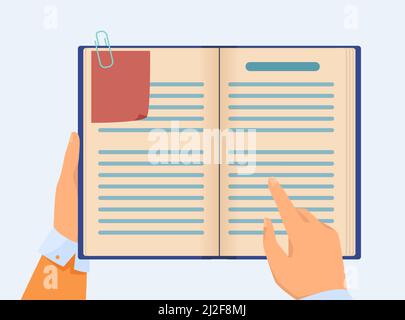Hand of manager checking notes in notebook. Business professional with book planner planning tasks. Flat vector illustration. Management concept for b Stock Vector