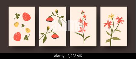 Flowers and berries illustration set in pastel colors. Ripe strawberries and floral elements for postcard, invitation card designs. Flowers and blosso Stock Vector
