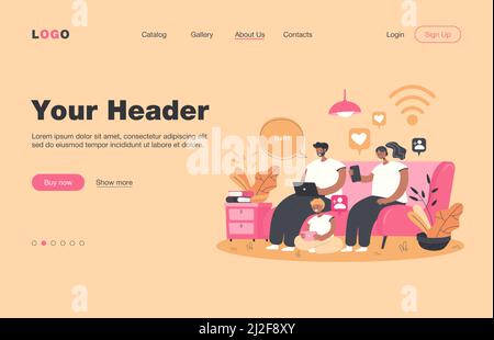 Addicted family using digital gadgets for chatting on social media. Parents and kid using smartphone, laptop, tablet at home. Vector illustration for Stock Vector