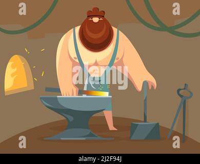 Greek god Hephaestus forging iron in his anvil. Cartoon vector illustration. God blacksmith working hard with fire and weapons. Mythology, Greece, bla Stock Vector