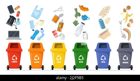 Garbage sorting set. Bins with recycling symbols for e-waste, plastic, metal, glass, paper, organic trash. Vector illustration for zero waste, environ Stock Vector