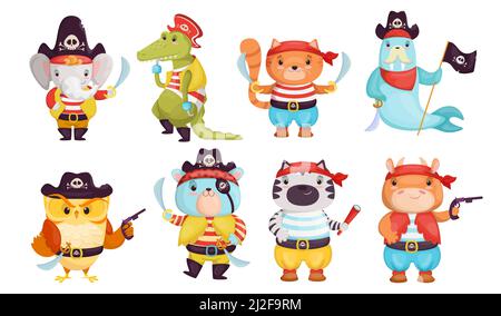 Bright funny pirate animals flat pictures set. Cartoon cute Nordic sailors of crocodile, elephant, cat, owl, bull isolated vector illustration collect Stock Vector