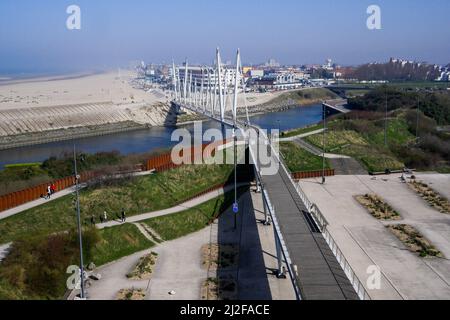 The Grand Large footbridge seen from the top floor of the FRAC Nord, Nord, Hauts-de-France, France Stock Photo