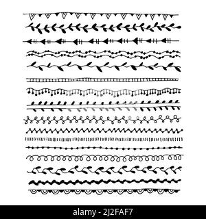 Floral doodle borders, set of hand drawn flowers vector lines isolated on white background Stock Vector