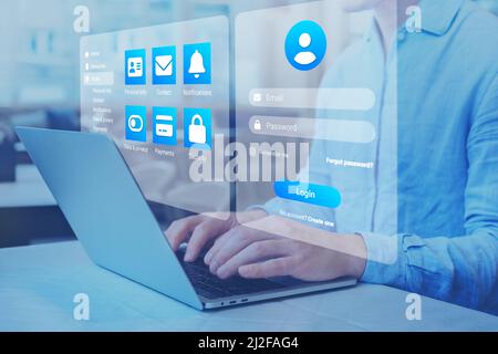 Login page with password to access online profile account. Secured connection and personal data security on internet. Cybersecurity and sign in form. Stock Photo