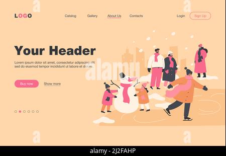 Happy people walking and having fun in winter park isolated flat vector illustration. Cartoon kids making snowman, guy skating. Winter activities and Stock Vector