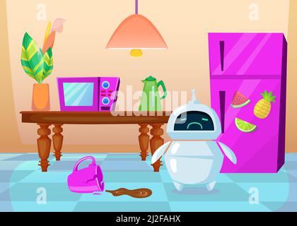 Cute cartoon chatbot upset about broken cup. Flat vector illustration. Sad bot helping with cleaning, standing in kitchen near broken coffee mug. Tech Stock Vector