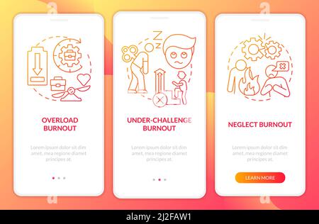 Types of burnout red gradient onboarding mobile app screen Stock Vector
