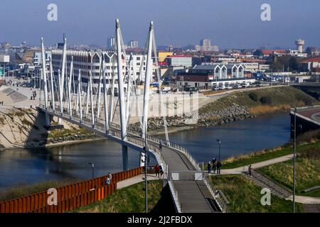The Grand Large footbridge seen from the top floor of the FRAC Nord, Nord, Hauts-de-France, France Stock Photo