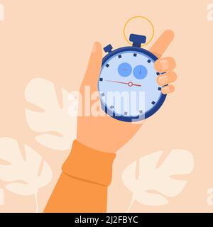 Human hand holding stopwatch. Arrow, clock, meter flat vector illustration. Measurement and time management concept for banner, website design or land Stock Vector