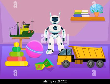 Collection of toys for children in nursery room. Toy construction truck and boat, robot, ball, pyramid, alphabet blocks, books and flowerpot on shelf Stock Vector