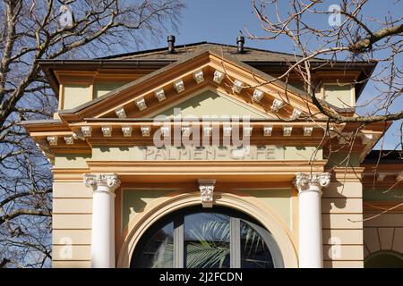 Palmen-Café in Bad Harzburg, Germany. The Palm Cafe, cafe bar with palm trees, is located in the historic spa town centre, the Pump Room and Foyer. Stock Photo