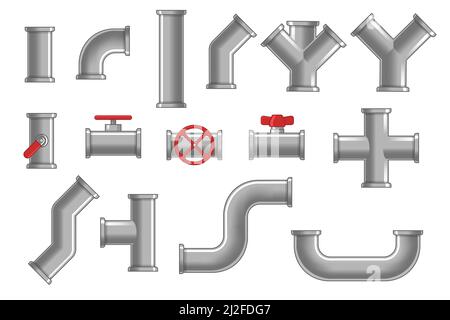 Collection of metal pipes. Gray steel pipelines, plastic tubes, valves and flanges, water drains isolated on white. Vector illustrations for plumbing, Stock Vector