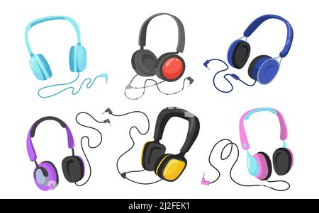 Modern headphones flat illustration set. Cartoon headsets and earphones for listening to music isolated vector illustration collection. Entertainment Stock Vector