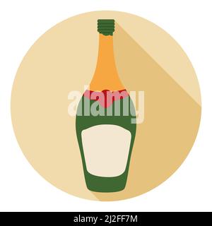 Round button with uncorked champagne bottle. Design in flat style and long shadow effect. Stock Vector