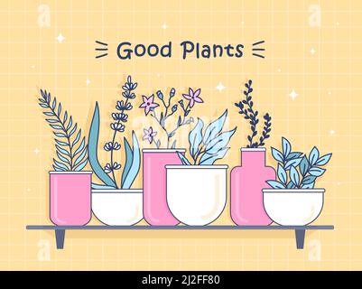 Cover design with good plants. Flowers in vases and pots vector illustrations with text on yellow background. Florist shop and home plants concept for Stock Vector