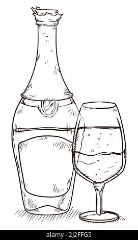 Champagne bottle and a wine glass close of it in hand drawn style. Stock Vector