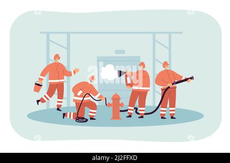 Fireman team fighting fire, rescuing people and buildings. Flat vector illustration. Team using professional equipment, observing safety measures, aid Stock Vector