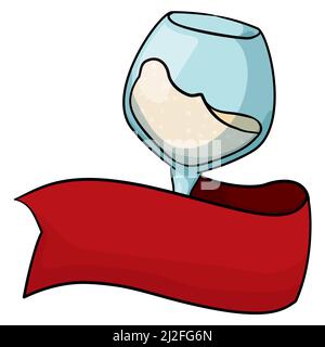 Template with empty red ribbon decorating an elegant wine glass with delicious champagne. Design in cartoon style. Stock Vector