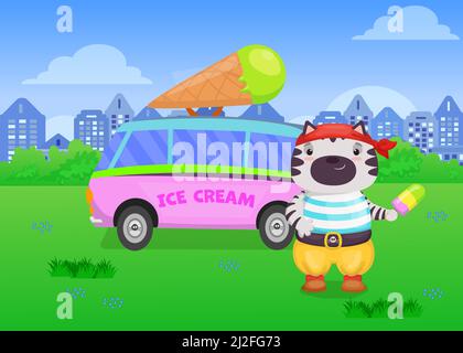 Cute cat in pirate costume selling ice cream in van illustration. Happy dressed animal with ice cream in paw, cone on truck, city in background. Ice c Stock Vector