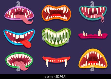 Mouths of cartoon monster characters vector illustrations set. Scary creatures, goblins, trolls or gremlins, tongue and teeth isolated on purple backg Stock Vector