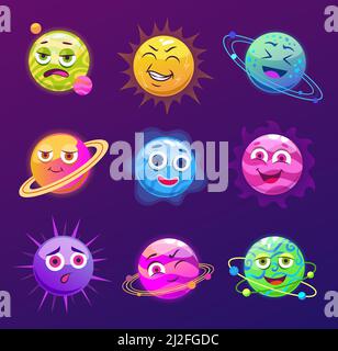 Funny planets with faces vector cartoon illustrations set. Fantasy planet characters with eyes and mouths isolated on purple background. Kids astronom Stock Vector