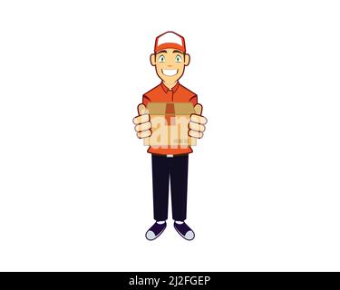 Delivery Man Giving a Box to Consumer or Recipient Mascot Illustration Vector Stock Vector