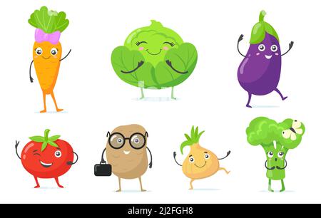 Multicolor cute vegetable mascots flat icon set for web design. Cartoon funny characters of carrot, onion, cabbage and tomato isolated vector illustra Stock Vector
