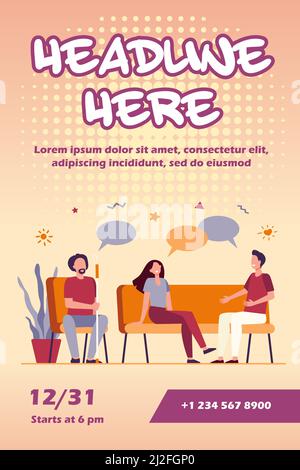 Group therapy concept. People meeting and talking, discussing problems, giving and getting support. Vector illustration for counselling, addiction, ps Stock Vector