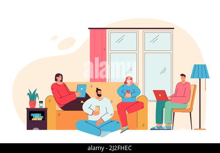 Happy friends sitting in living room with digital devices flat vector illustration. Cartoon users spending time together and using computers and smart Stock Vector