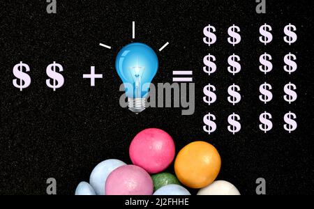Money making idea. Dollar symbols and light bulb on a black background with bonbons. Stock Photo