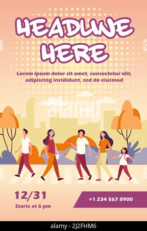Pedestrians walking across street. People crossing road at traffic light. Vector illustration for crosswalk, road safety, citizens concept Stock Vector