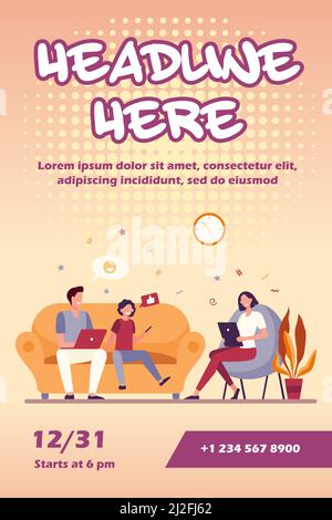 Parents couple and kid using gadgets. Social media addicted family with laptop, tablet and phone sitting together. Flat vector illustration for intern Stock Vector