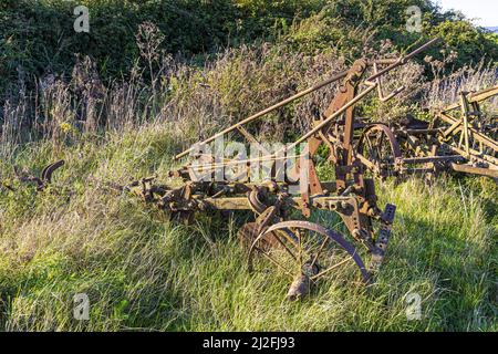 Old rusty farm machinery in long grass beside the River Severn at Arlingham, Gloucestershire, England UK Stock Photo