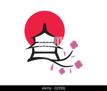Japanese Landscape with Pagoda, Sakura Flowers and a Red Circle as a Symbolization of Japan Vector Stock Vector